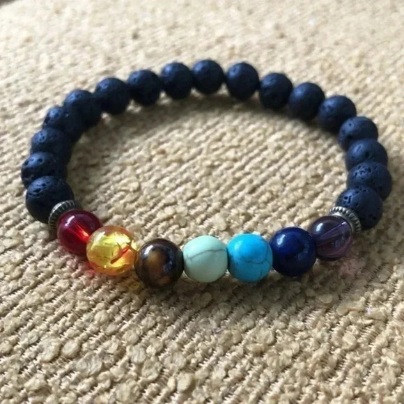 Stretch Meditation Bracelet Lava Stones Stones Rainbow Unisex NWT - Picture 1 of 5